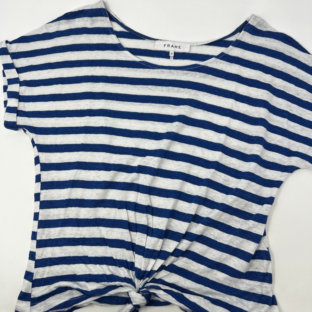 Frame 100% Linen Tie Up Tee Shirt Blue Striped Women's Size XS‎